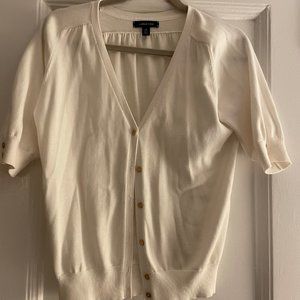 Land's End Women's Cardigan, Elbow-length with gold detail, Color White, Size M
